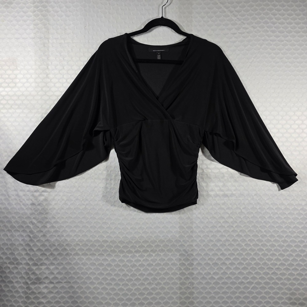 White House Black Market Black Kimono Sleeve Ruched Wrap V-Neck Top Small